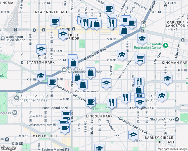 map of restaurants, bars, coffee shops, grocery stores, and more near 101 Independence Avenue Southeast in Washington
