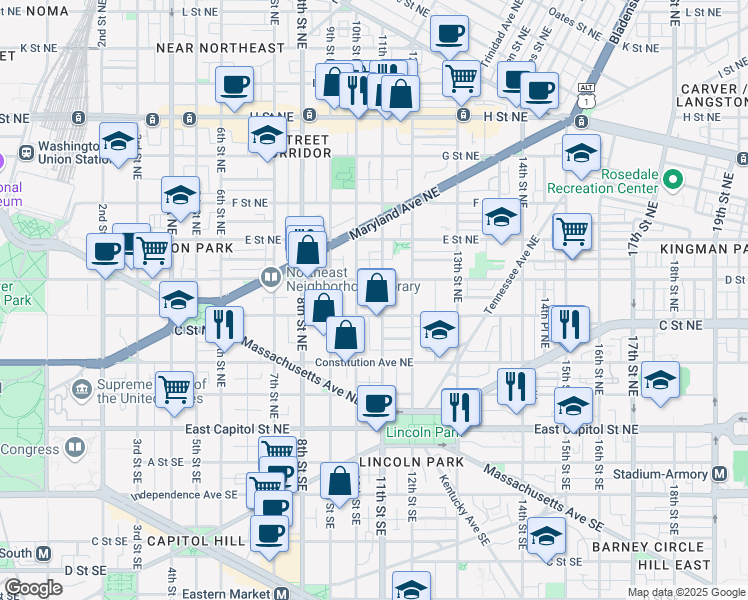 map of restaurants, bars, coffee shops, grocery stores, and more near 101 Independence Avenue Southeast in Washington