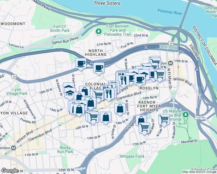 map of restaurants, bars, coffee shops, grocery stores, and more near 1752 North Rhodes Street in Arlington