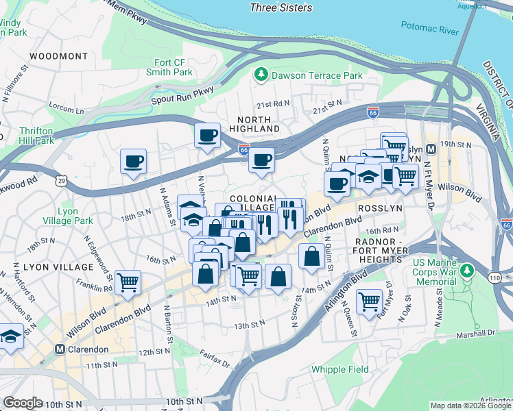map of restaurants, bars, coffee shops, grocery stores, and more near 101 Independence Avenue Southeast in Washington