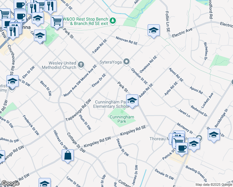 map of restaurants, bars, coffee shops, grocery stores, and more near 201A Market Square Northwest in Vienna