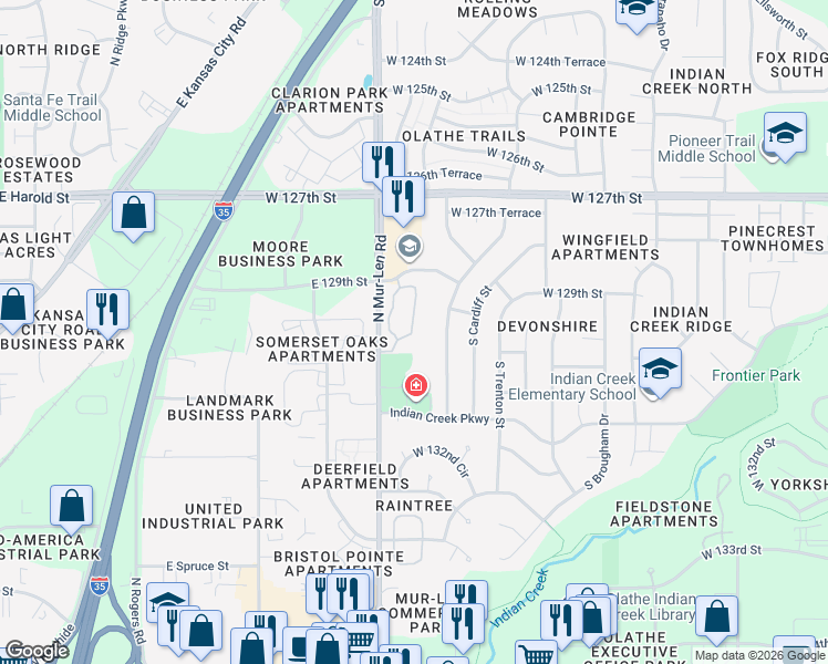 map of restaurants, bars, coffee shops, grocery stores, and more near 12930 South Sycamore Street in Olathe