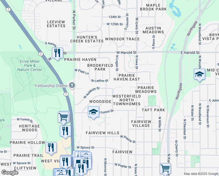 map of restaurants, bars, coffee shops, grocery stores, and more near 901 North Troost Street in Olathe