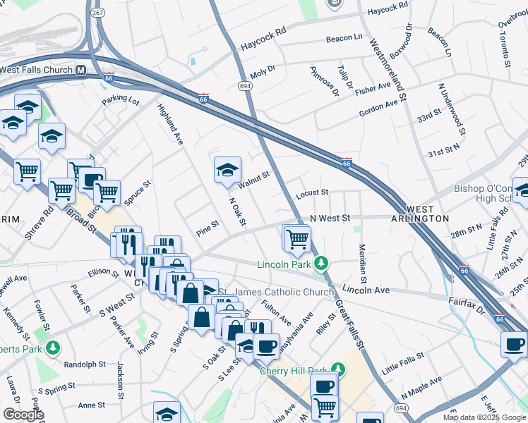 map of restaurants, bars, coffee shops, grocery stores, and more near 606 Greenwich Street in Falls Church