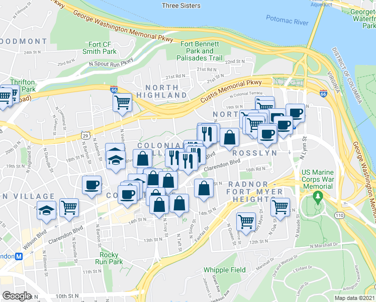 map of restaurants, bars, coffee shops, grocery stores, and more near North Rhodes Street & North Queens Lane in Arlington