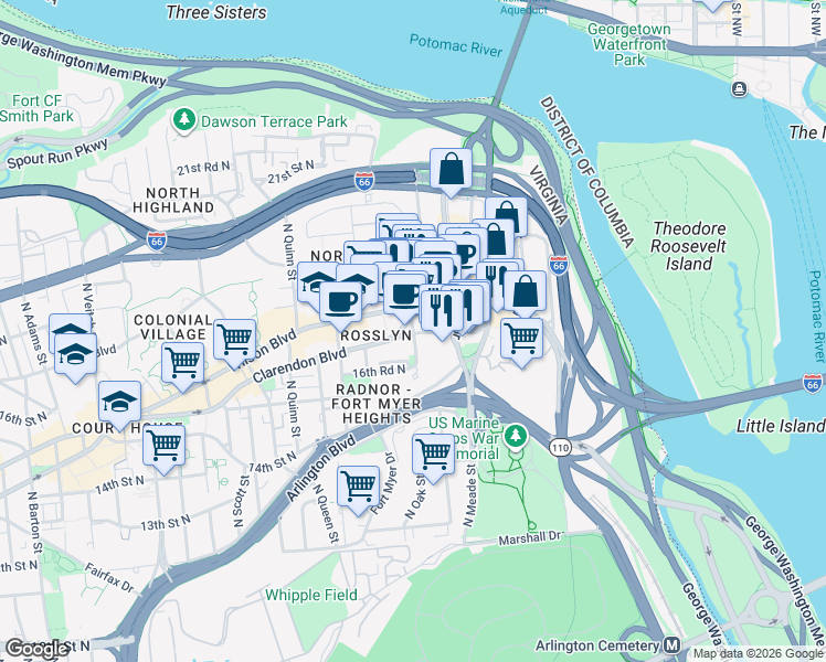 map of restaurants, bars, coffee shops, grocery stores, and more near North Oak Street in Arlington