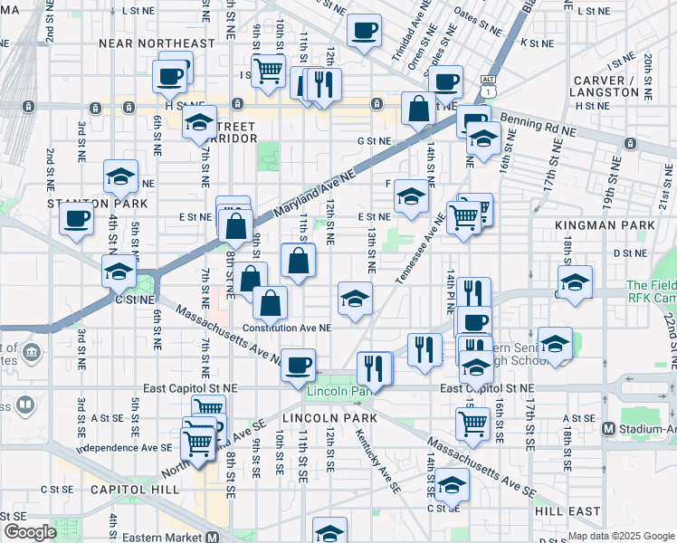 map of restaurants, bars, coffee shops, grocery stores, and more near 315 12th Street Northeast in Washington
