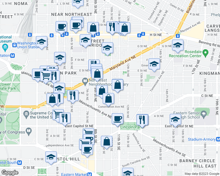 map of restaurants, bars, coffee shops, grocery stores, and more near 318 10th Street Northeast in Washington