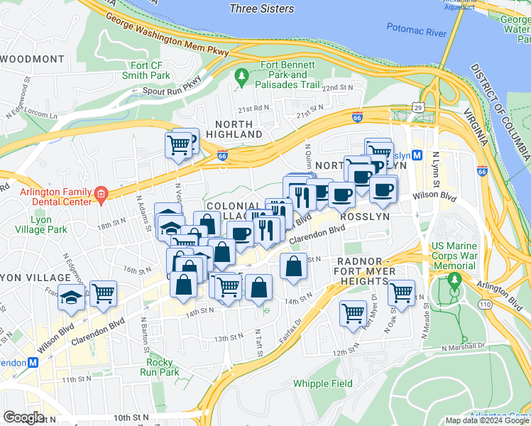 map of restaurants, bars, coffee shops, grocery stores, and more near 1752 North Rhodes Street in Arlington