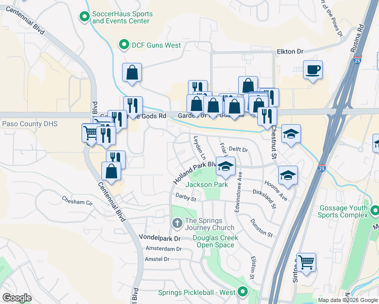 map of restaurants, bars, coffee shops, grocery stores, and more near 4231 Forrest Hill Place in Colorado Springs