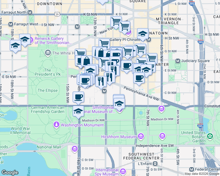 map of restaurants, bars, coffee shops, grocery stores, and more near 101 Independence Avenue Southeast in Washington