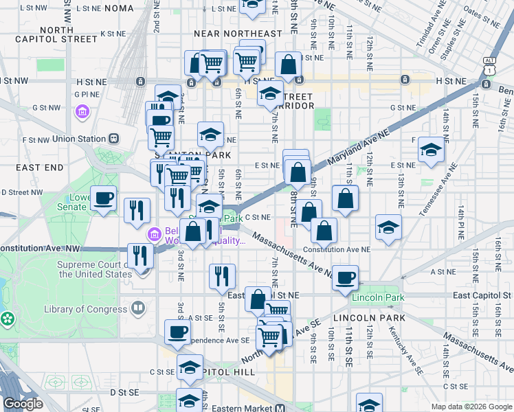 map of restaurants, bars, coffee shops, grocery stores, and more near 635 Maryland Avenue Northeast in Washington