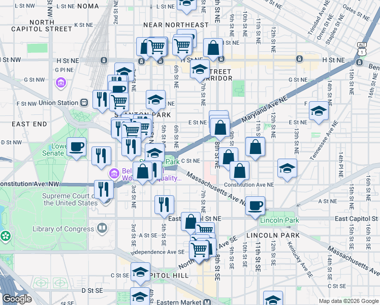 map of restaurants, bars, coffee shops, grocery stores, and more near 635 Maryland Avenue Northeast in Washington