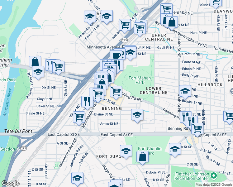 map of restaurants, bars, coffee shops, grocery stores, and more near 3935 Benning Road Northeast in Washington
