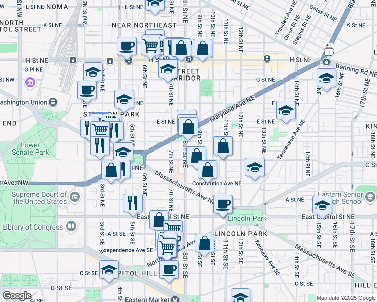 map of restaurants, bars, coffee shops, grocery stores, and more near 101 Independence Avenue Southeast in Washington