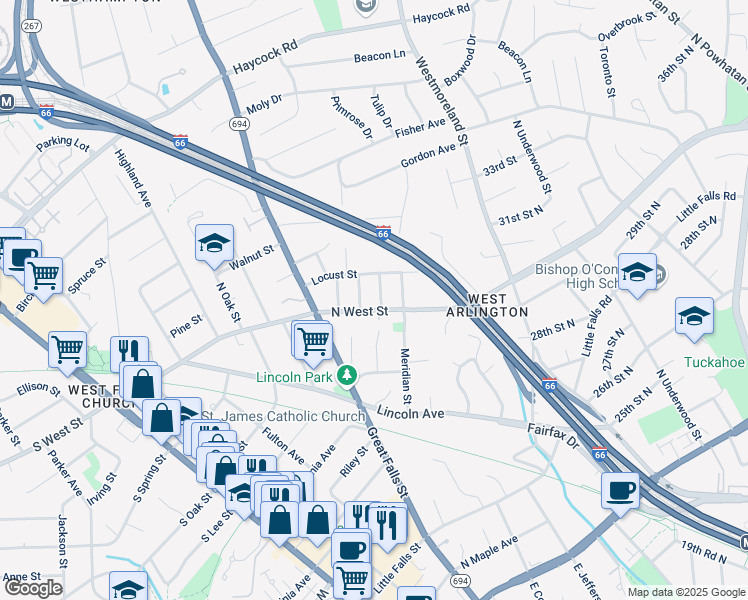 map of restaurants, bars, coffee shops, grocery stores, and more near 2356 Dunbar Lane in Falls Church