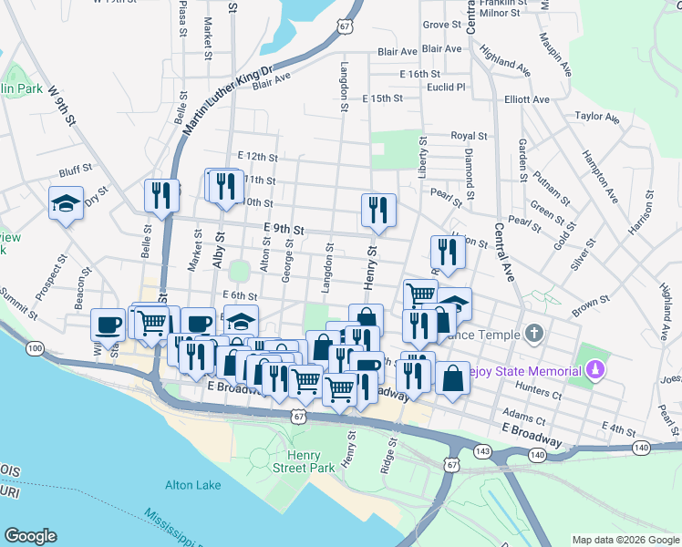 map of restaurants, bars, coffee shops, grocery stores, and more near 625 Langdon Street in Alton