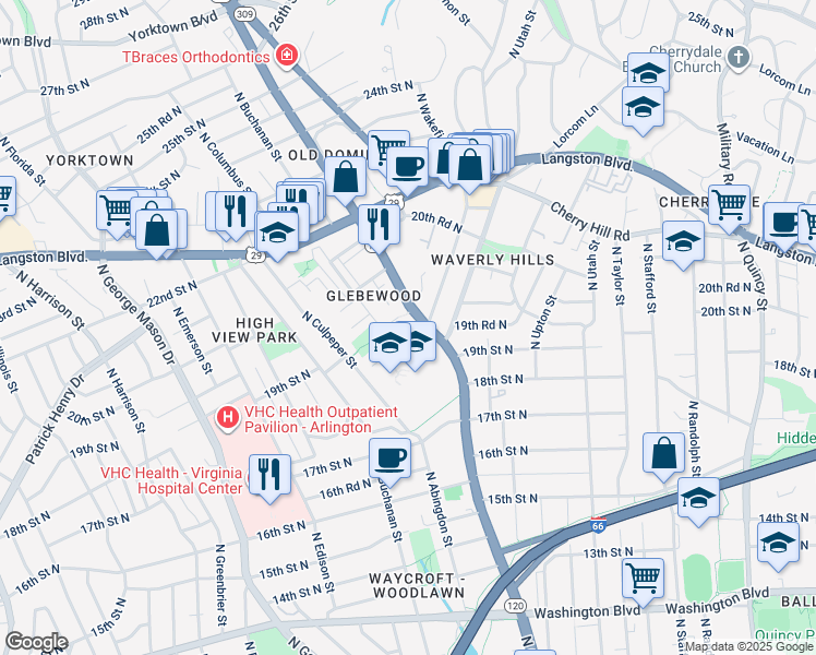 map of restaurants, bars, coffee shops, grocery stores, and more near 2000 North Glebe Road in Arlington