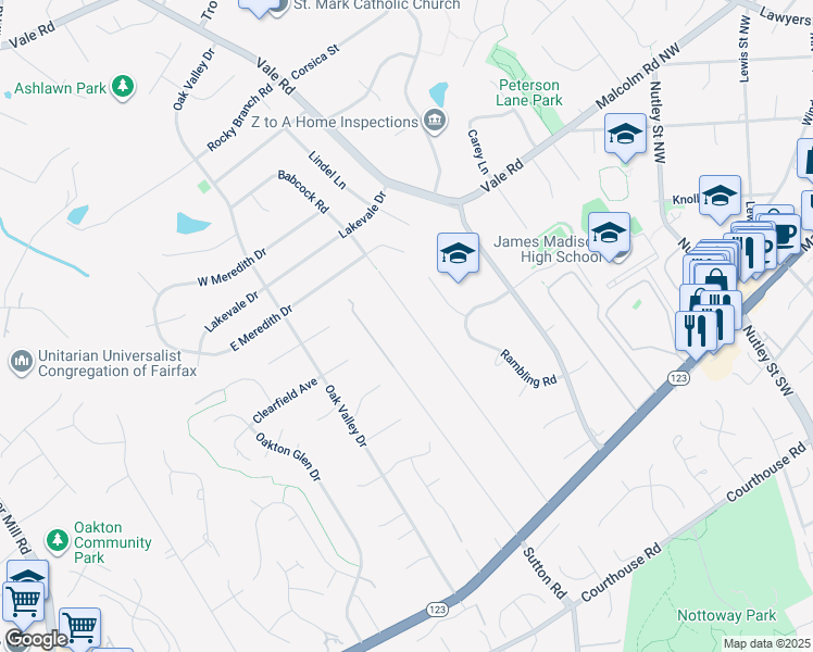 map of restaurants, bars, coffee shops, grocery stores, and more near 2550 Babcock Road in Vienna
