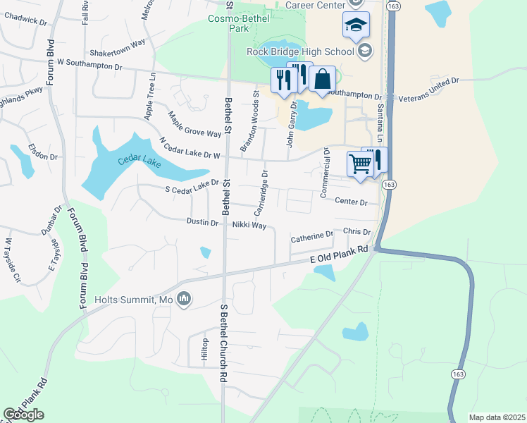 map of restaurants, bars, coffee shops, grocery stores, and more near 5100 Carrieridge Drive in Columbia