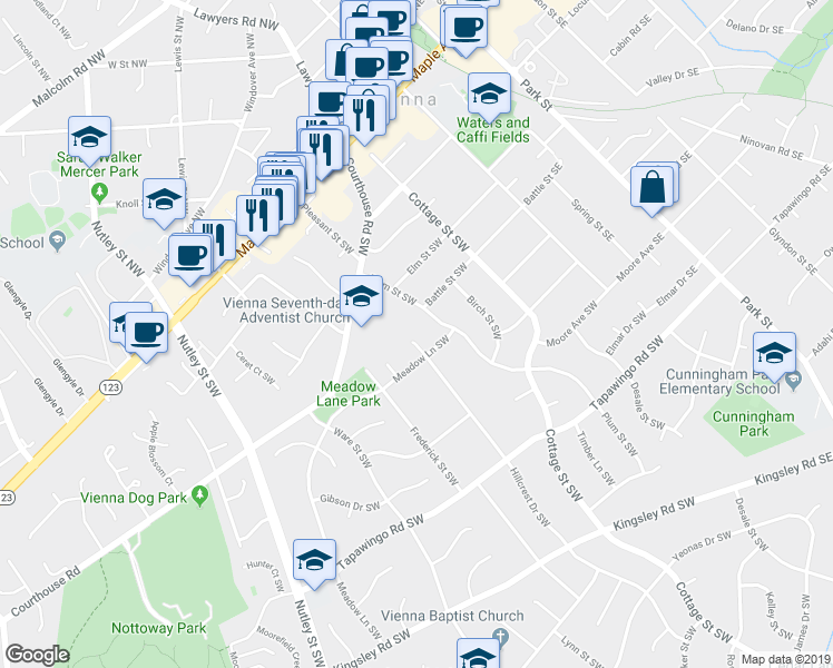 map of restaurants, bars, coffee shops, grocery stores, and more near 505 Hillcrest Drive Southwest in Vienna