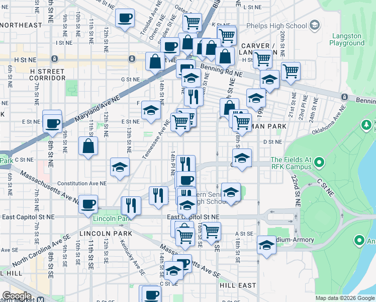 map of restaurants, bars, coffee shops, grocery stores, and more near 101 Independence Avenue Southeast in Washington