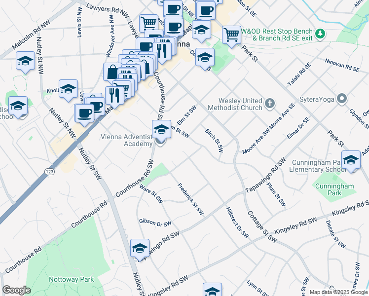 map of restaurants, bars, coffee shops, grocery stores, and more near 505 Hillcrest Drive Southwest in Vienna