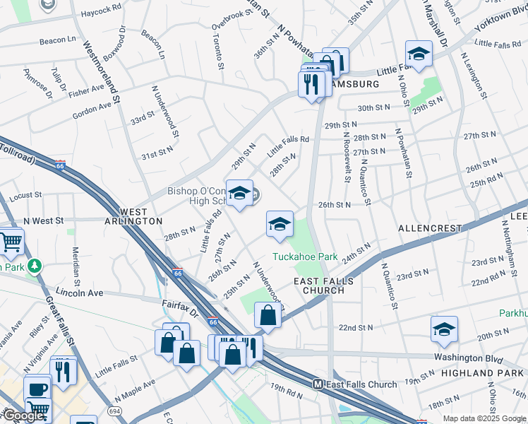 map of restaurants, bars, coffee shops, grocery stores, and more near 6600 Little Falls Road in Arlington