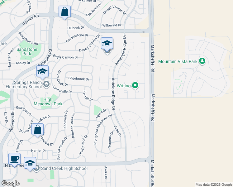 map of restaurants, bars, coffee shops, grocery stores, and more near 4198 Gray Fox Heights in Colorado Springs