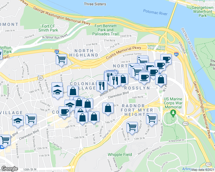 map of restaurants, bars, coffee shops, grocery stores, and more near 101 Independence Avenue Southeast in Washington