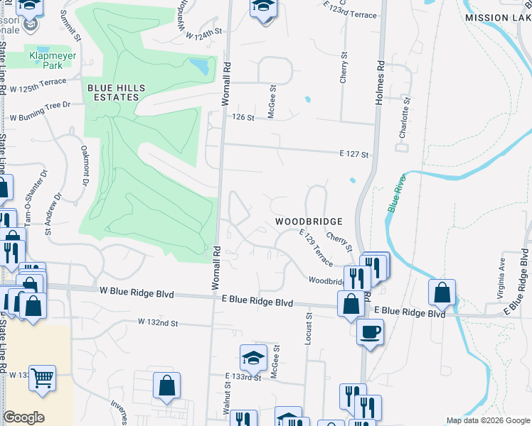 map of restaurants, bars, coffee shops, grocery stores, and more near 206 East 129 Terrace in Kansas City