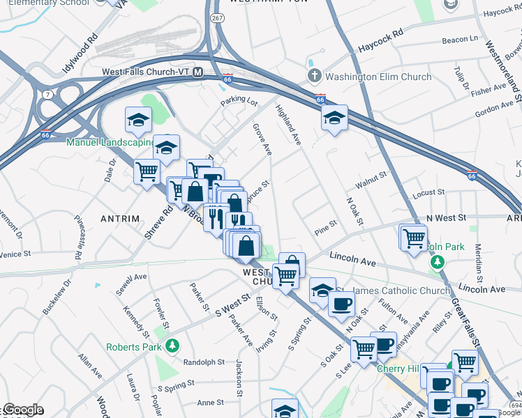 map of restaurants, bars, coffee shops, grocery stores, and more near 1018 Ellison Square in Falls Church