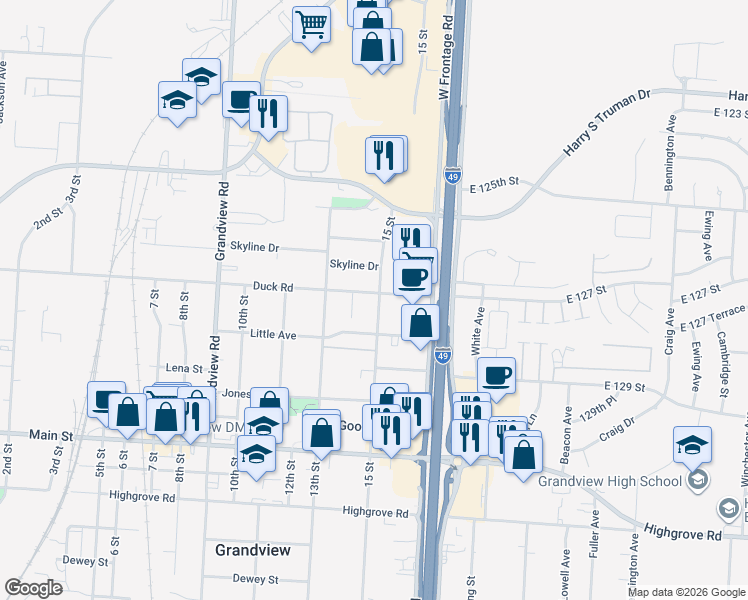 map of restaurants, bars, coffee shops, grocery stores, and more near 12709 14th Street in Grandview
