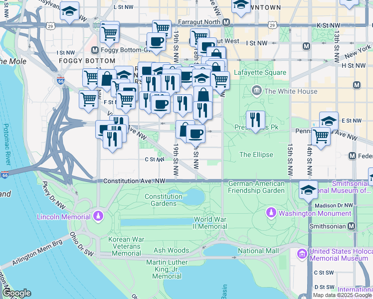 map of restaurants, bars, coffee shops, grocery stores, and more near 101 Independence Avenue Southeast in Washington