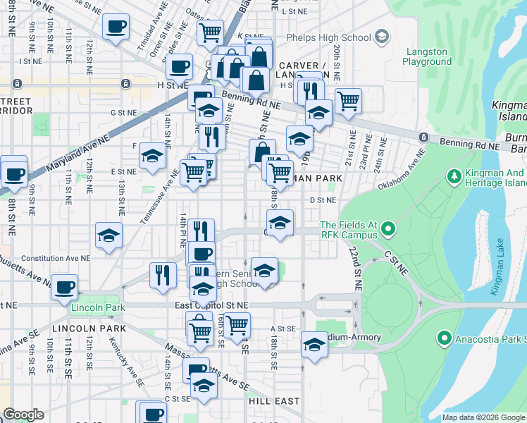 map of restaurants, bars, coffee shops, grocery stores, and more near 101 Independence Avenue Southeast in Washington