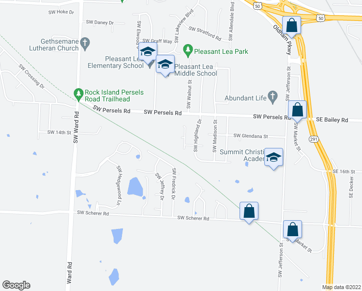 map of restaurants, bars, coffee shops, grocery stores, and more near 1444 Southwest Walnut Street in Lee's Summit