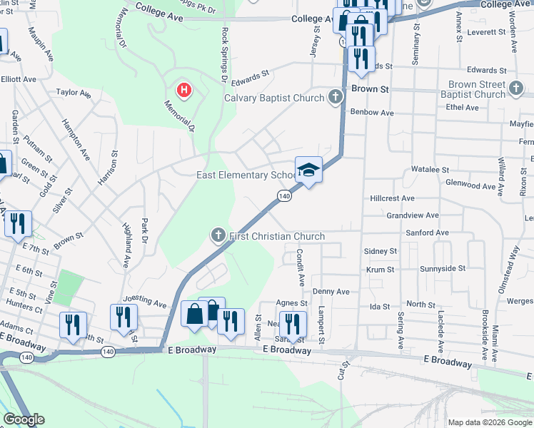 map of restaurants, bars, coffee shops, grocery stores, and more near 849 Washington Avenue in Alton