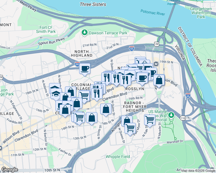 map of restaurants, bars, coffee shops, grocery stores, and more near 1727 Wilson Boulevard in Arlington