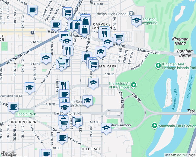 map of restaurants, bars, coffee shops, grocery stores, and more near 101 Independence Avenue Southeast in Washington
