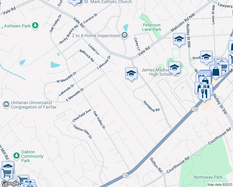 map of restaurants, bars, coffee shops, grocery stores, and more near 2550 Babcock Road in Vienna