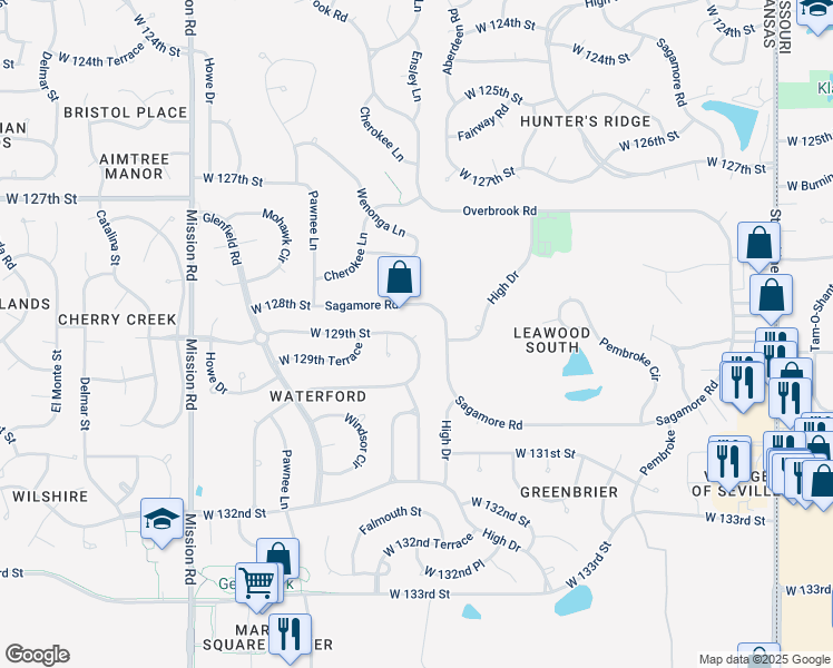 map of restaurants, bars, coffee shops, grocery stores, and more near 13208 Canterbury Street in Leawood