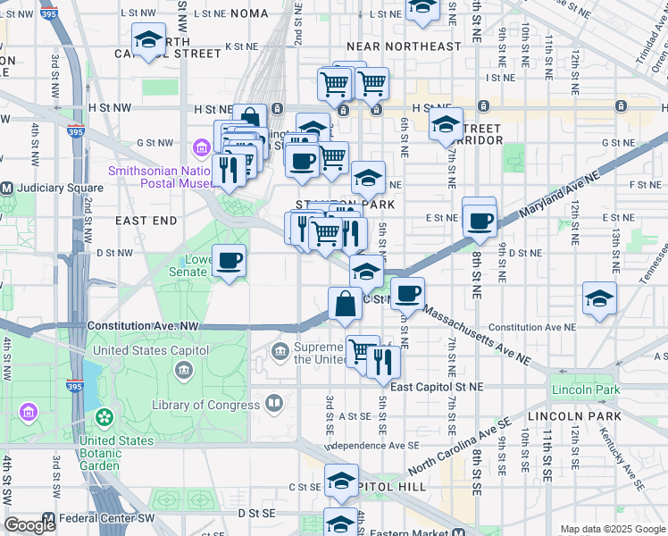 map of restaurants, bars, coffee shops, grocery stores, and more near 101 Independence Avenue Southeast in Washington