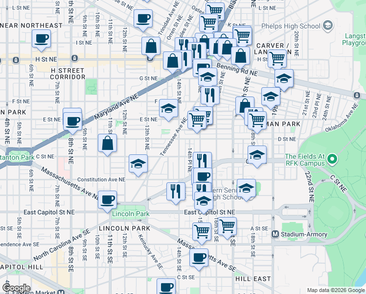 map of restaurants, bars, coffee shops, grocery stores, and more near 101 Independence Avenue Southeast in Washington