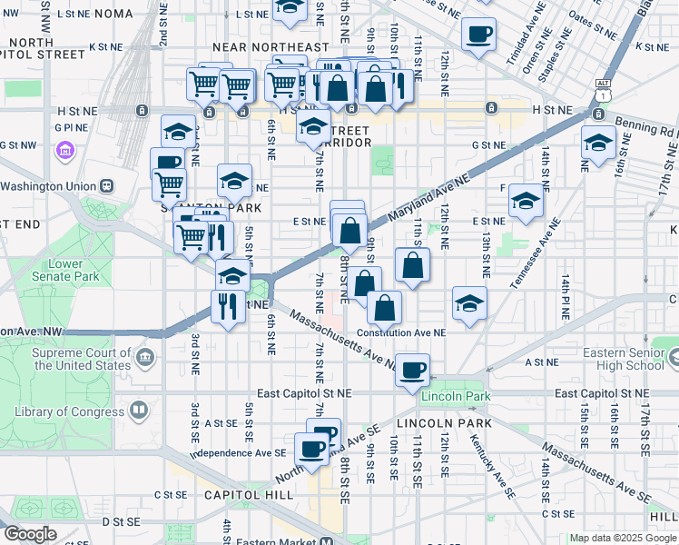 map of restaurants, bars, coffee shops, grocery stores, and more near 326 8th Street Northeast in Washington