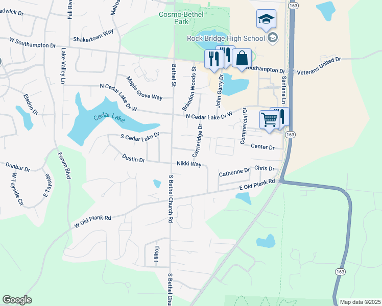 map of restaurants, bars, coffee shops, grocery stores, and more near 5101 Carrieridge Drive in Columbia
