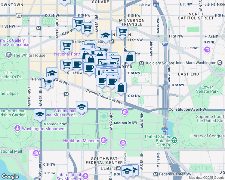 map of restaurants, bars, coffee shops, grocery stores, and more near 325 7th Street Northwest in Washington