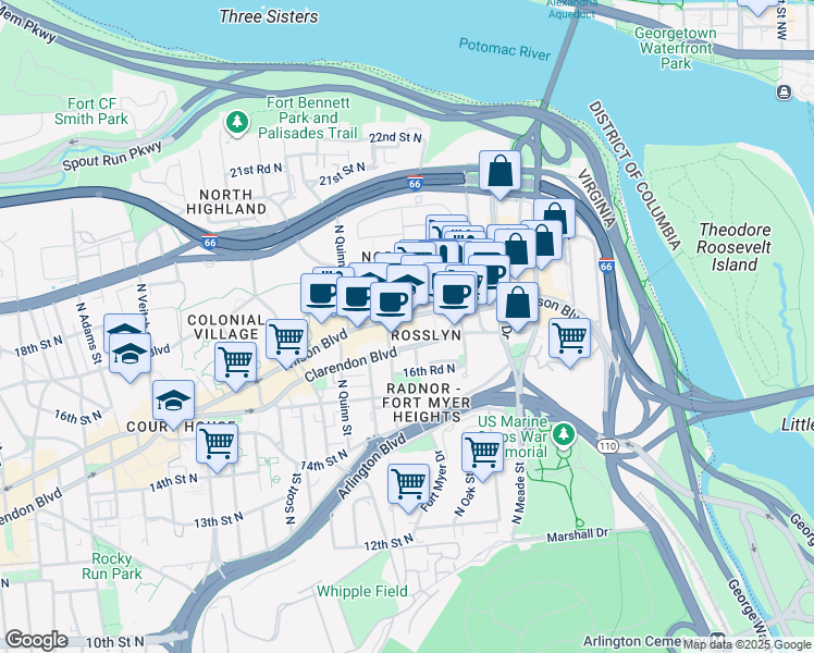 map of restaurants, bars, coffee shops, grocery stores, and more near 101 Independence Avenue Southeast in Washington