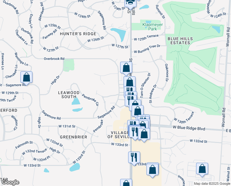 map of restaurants, bars, coffee shops, grocery stores, and more near 12701 Cambridge Lane in Leawood