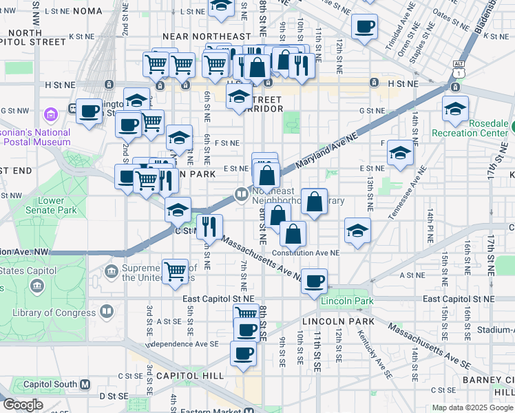 map of restaurants, bars, coffee shops, grocery stores, and more near 326 8th Street Northeast in Washington
