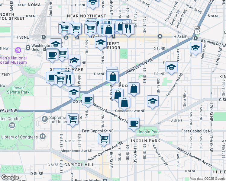 map of restaurants, bars, coffee shops, grocery stores, and more near 101 Independence Avenue Southeast in Washington